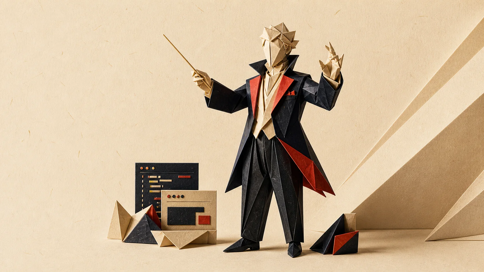 A folded-paper conductor in a black tailcoat with red lapels, baton raised, beside small paper app windows.