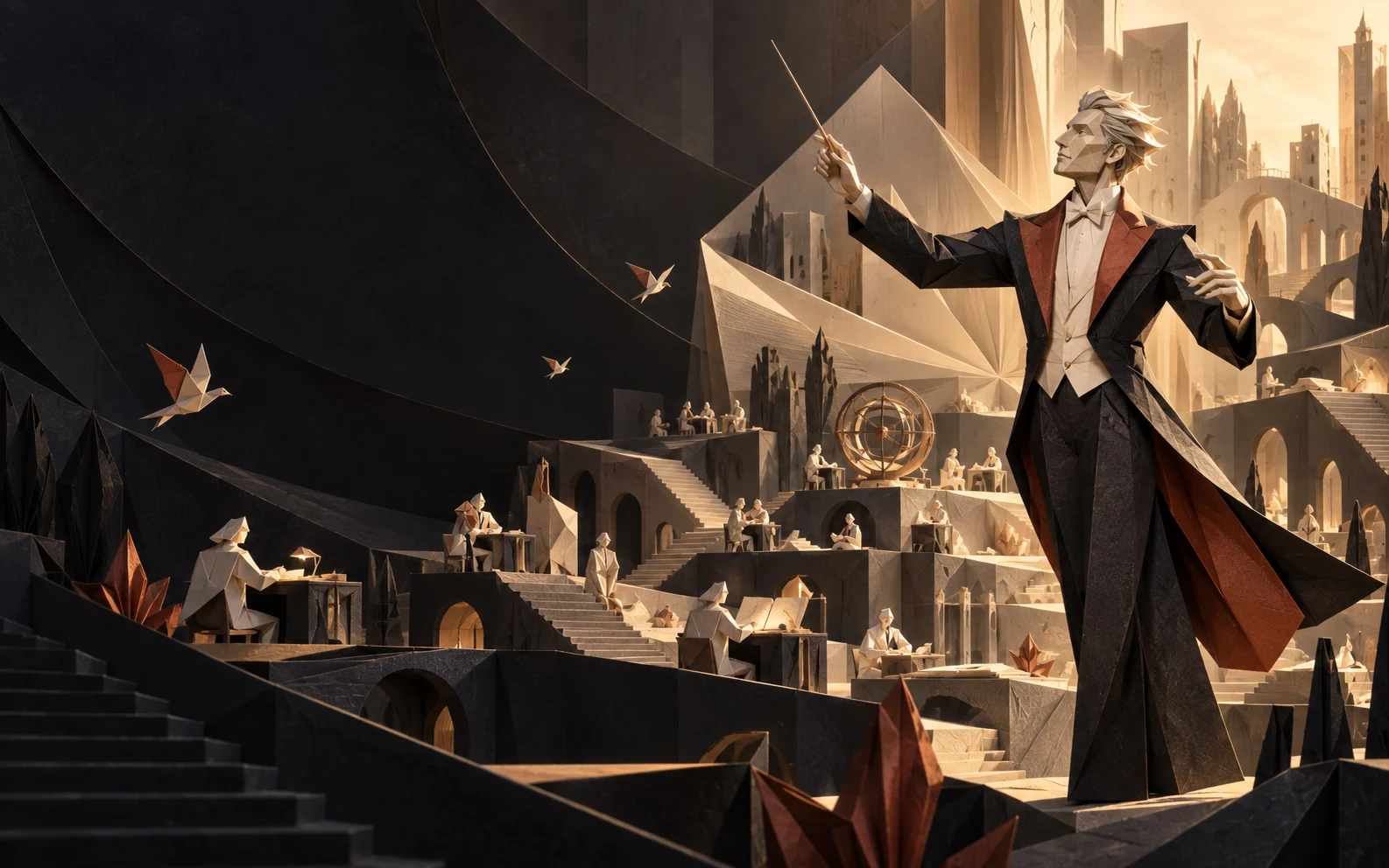 A folded-paper conductor leading a city of paper workstations and stairways, each with a small figure at work.
