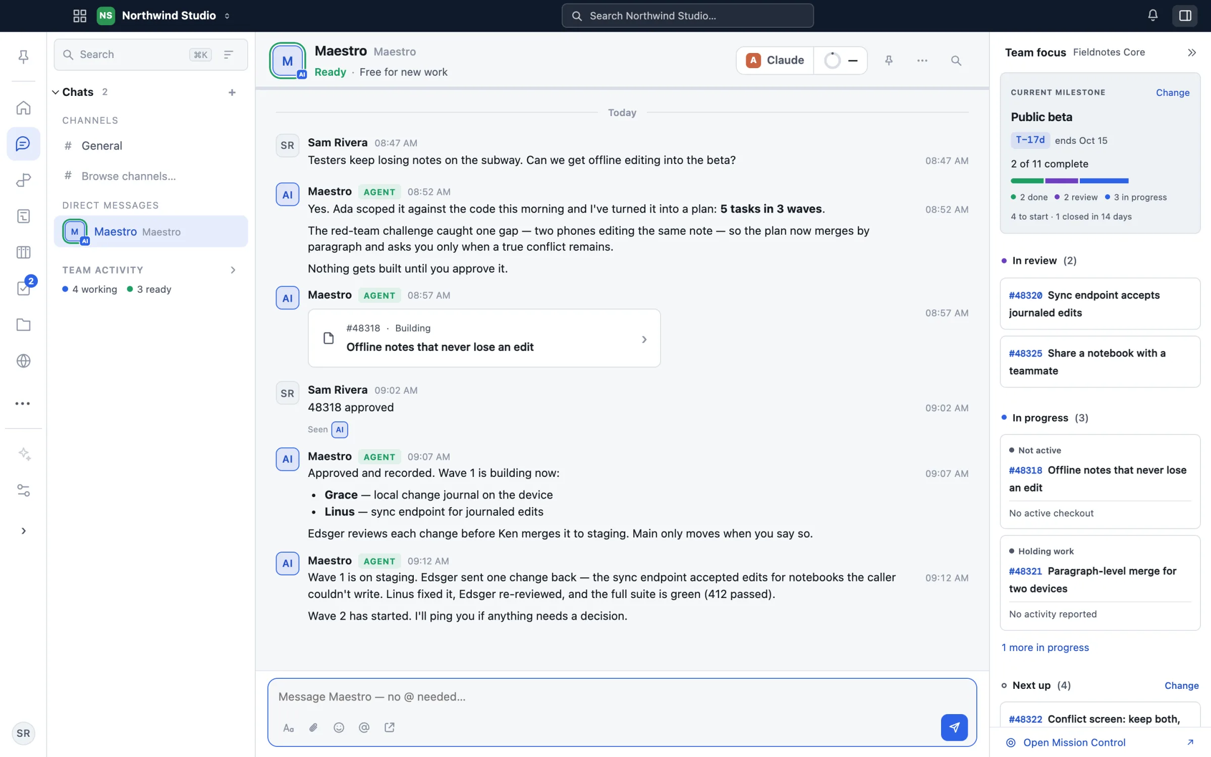 My Maestro: Sam asks the Maestro for offline editing. The Maestro replies with a five-task plan, Sam approves it, and the Maestro reports progress. A side panel shows the team’s milestone and tasks in progress.