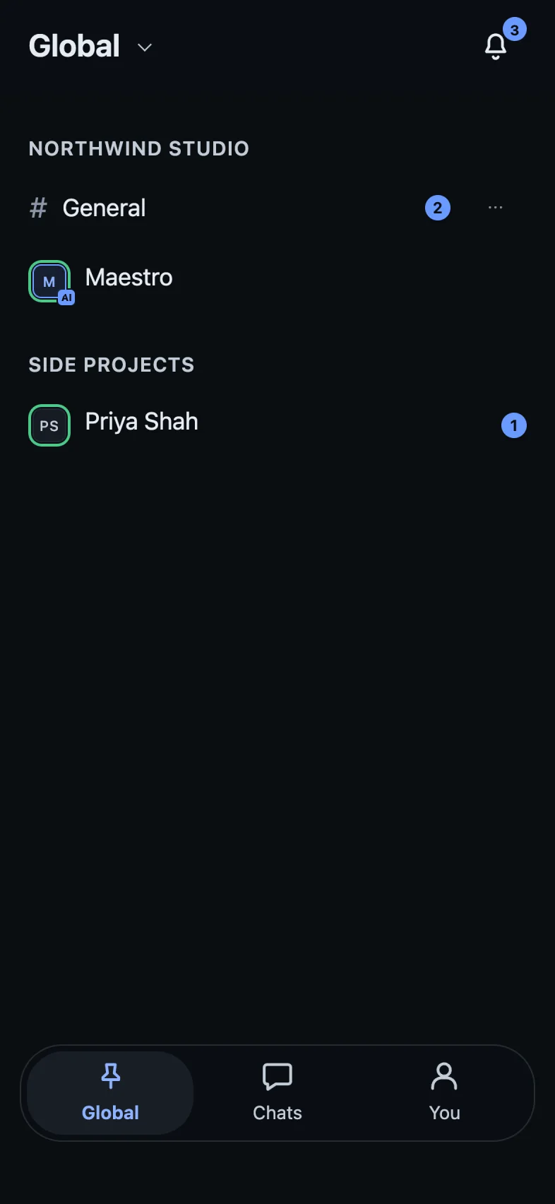 My Maestro on iPhone in dark mode: pinned chats across workspaces.