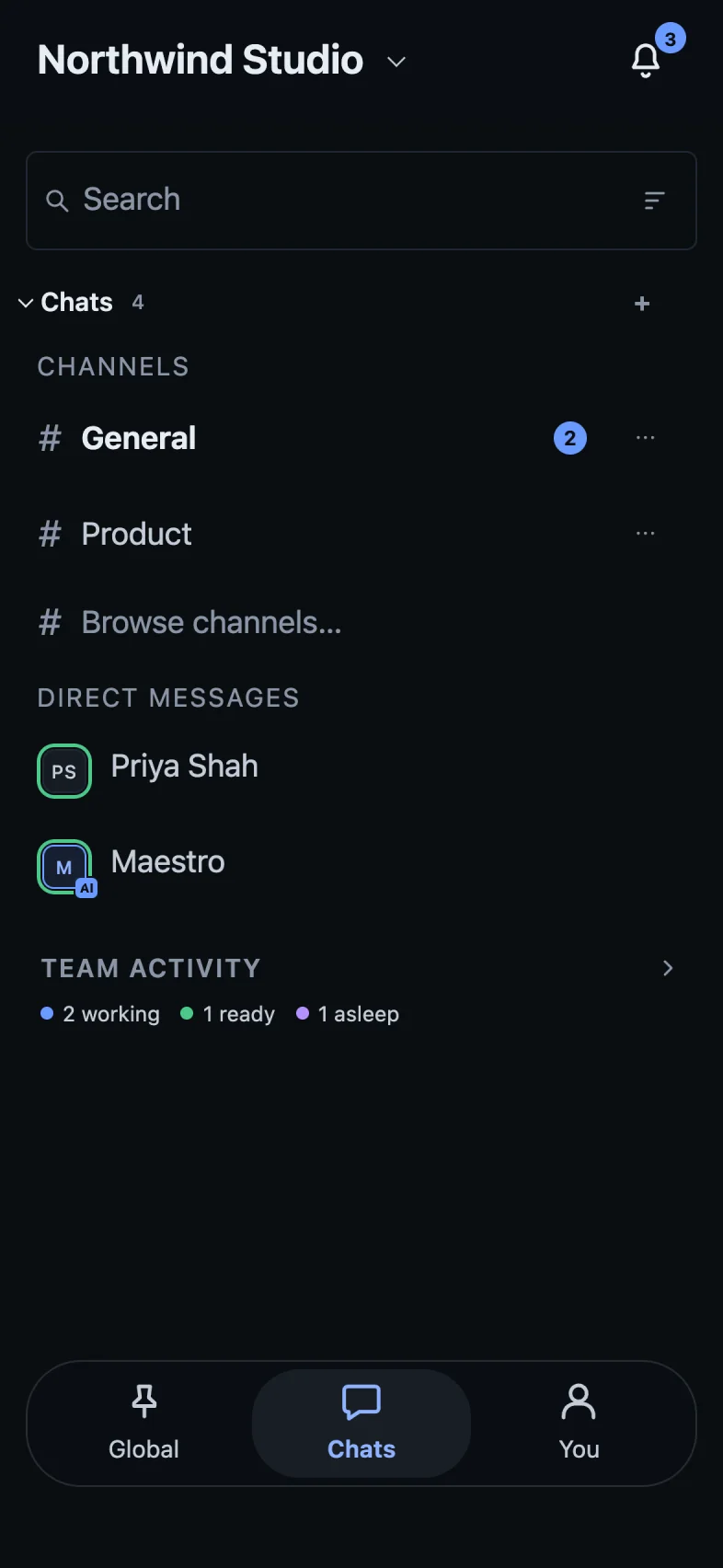 Dark mode: the workspace chat list with team activity.