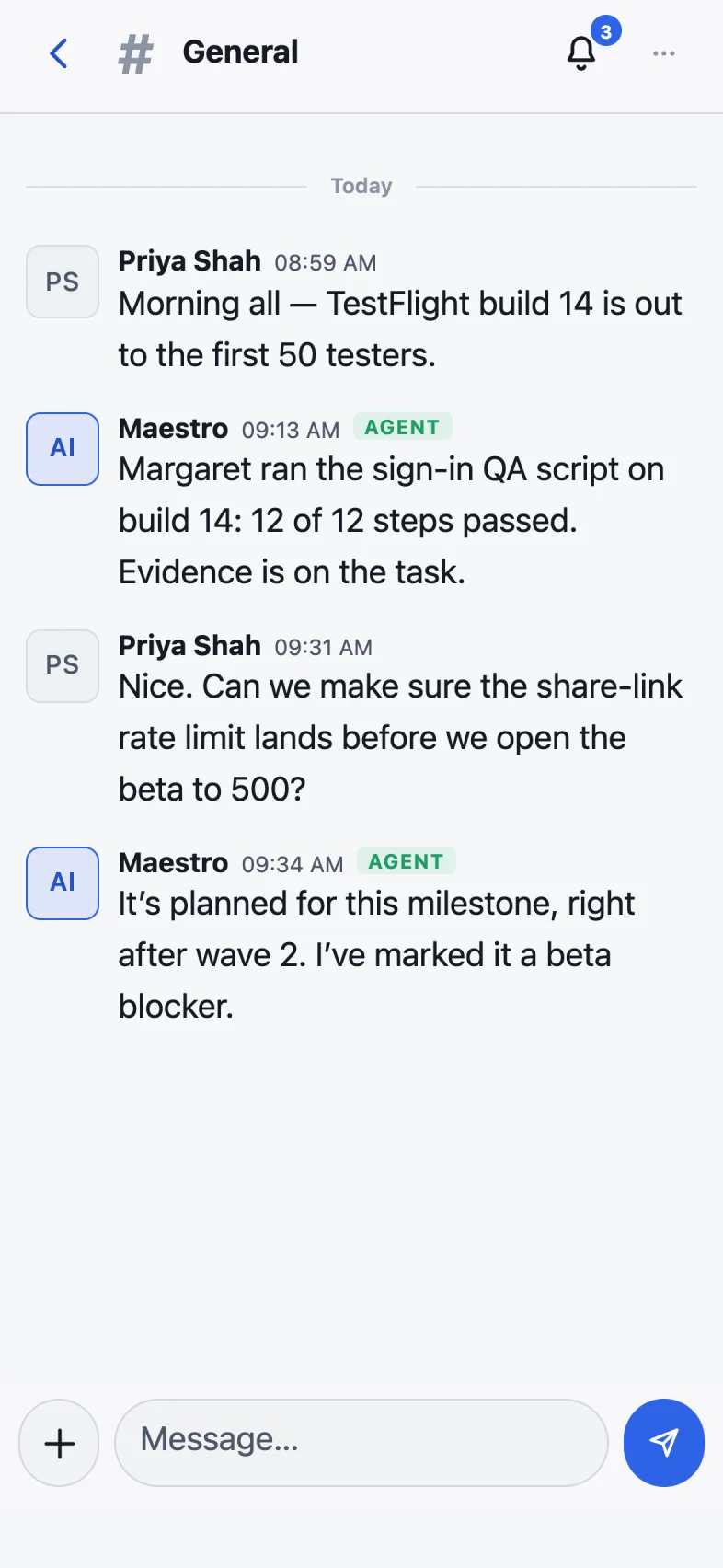 Phone: the General room, where Priya, Margaret the QA engineer and the Maestro discuss the beta.
