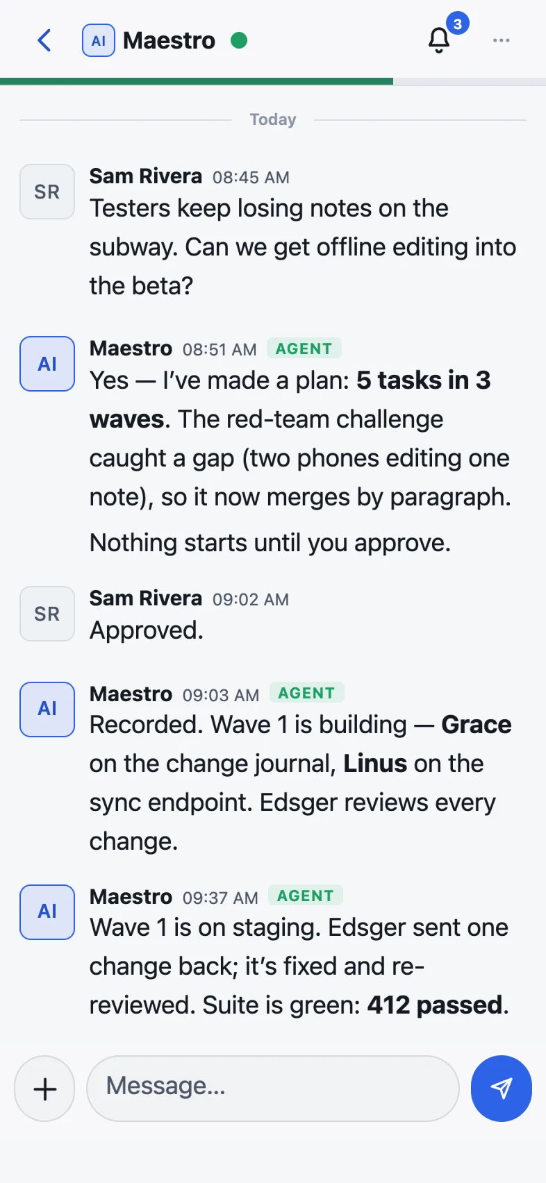 My Maestro on iPhone: a conversation with the Maestro reporting that wave 1 is on staging and the suite is green.