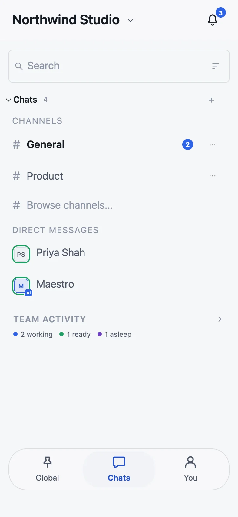 Phone: the Northwind Studio workspace with channels, direct messages and a Team activity summary: 2 working, 1 ready, 1 asleep.